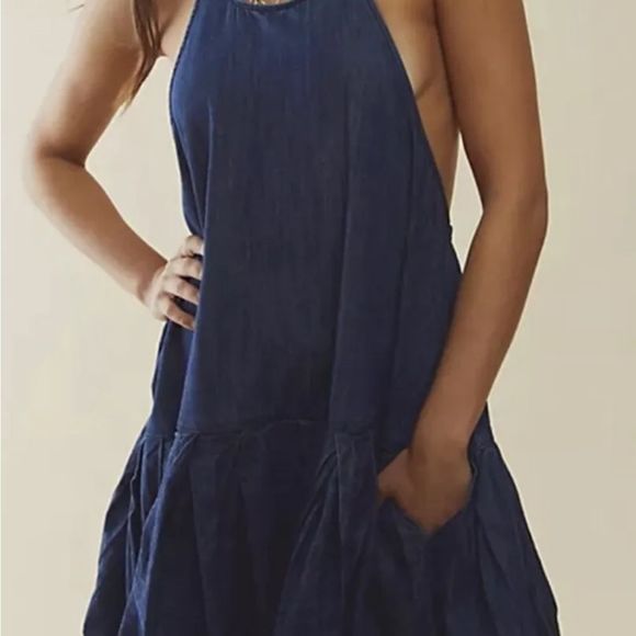 Free People Denim Backless Bubble Mini Dress Halter Pleated Ruffle Hem - Picture 2 of 6